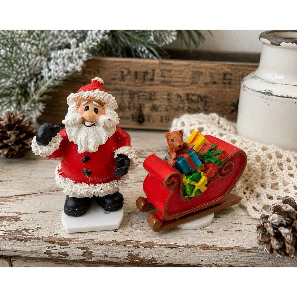 Vintage Santa Claus & Sleigh With Gifts Mouse Mini Figurine Set Christmas Decor